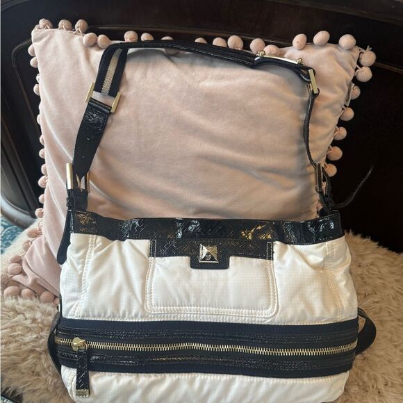 L.A.M.B. Gwen Stefani Stylish Black and White Nylon and Patent Shoulder Bag - Picture 4 of 15